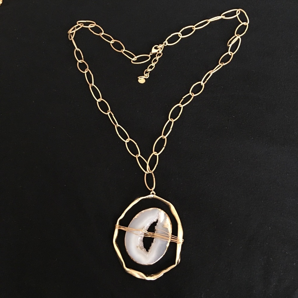 Gold Chain Necklace with White Agate Pendant